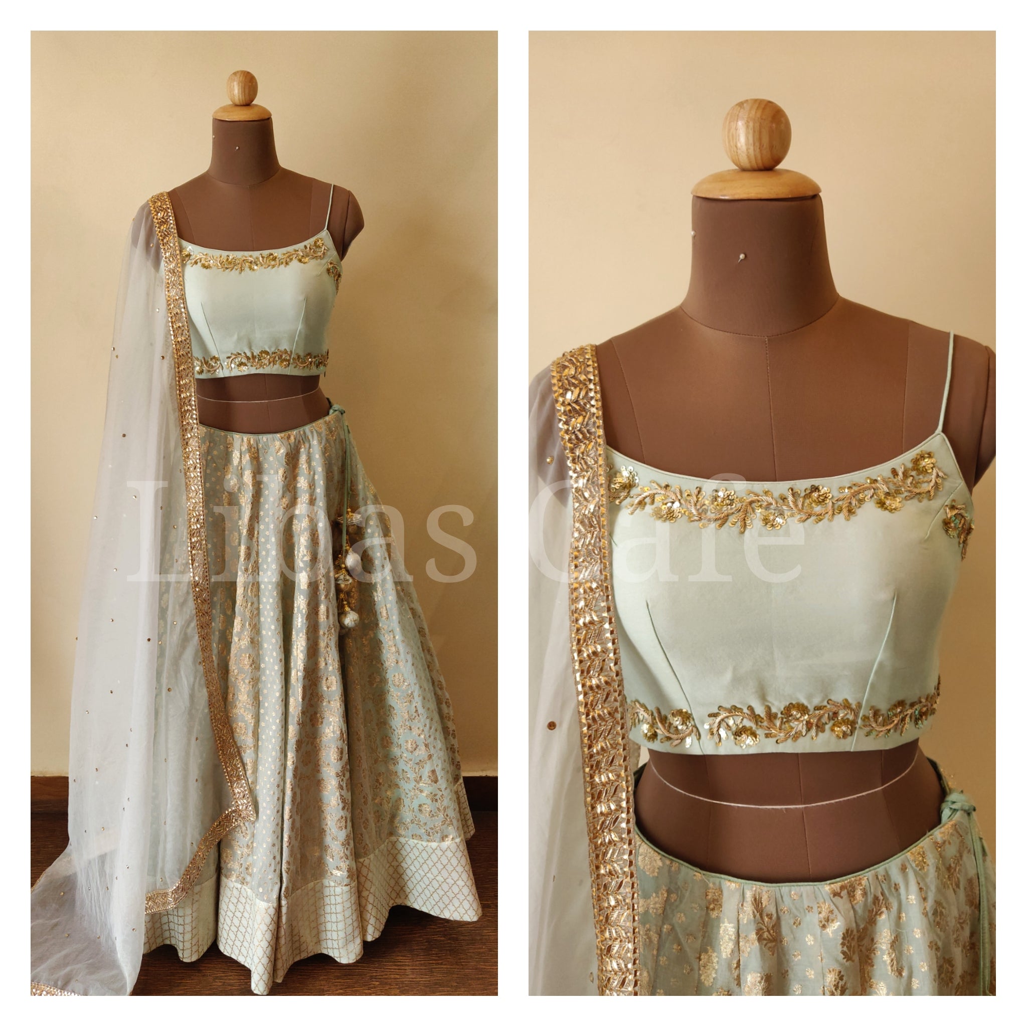 Pastel Green Chanderi Lehenga With Noodle Strap Blouse